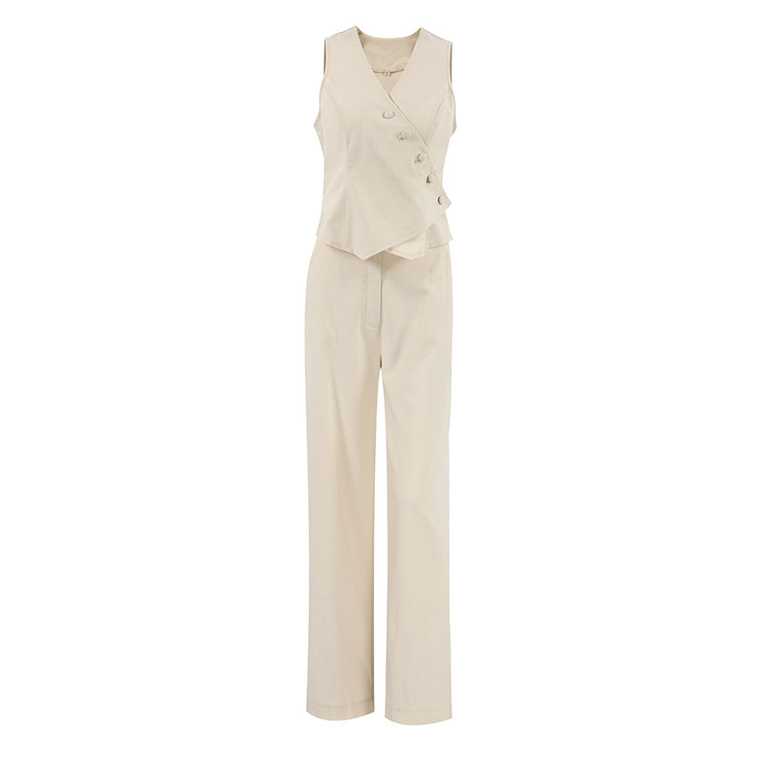 European and American cotton and linen khaki cardigan vest straight pants two-piece set women's 2025 autumn new  casual suit