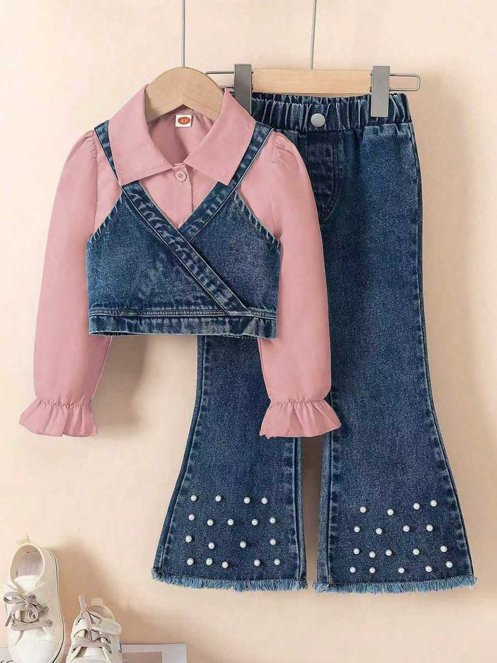 new autumn cross-border girls' collared shirt, denim vest, beaded denim flare pants three-piece set