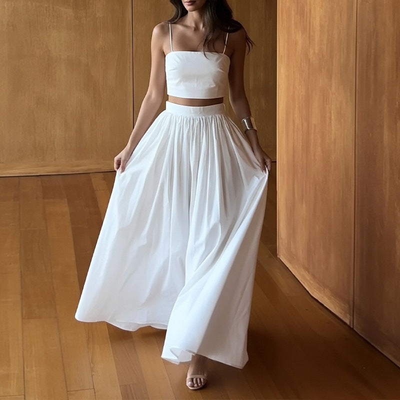 women's summer new arrivals: cross-border european & american fashion - sexy solid color camisole and maxi skirt set