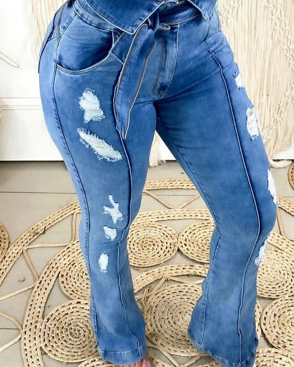 Y5175-1  Europe and the United States hot sale fashion versatile washed ripped horn jeans