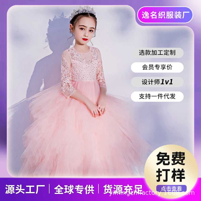 Customized children's formal dress for export, new lace three-quarter sleeve girl dresses, girls' princess cake dress