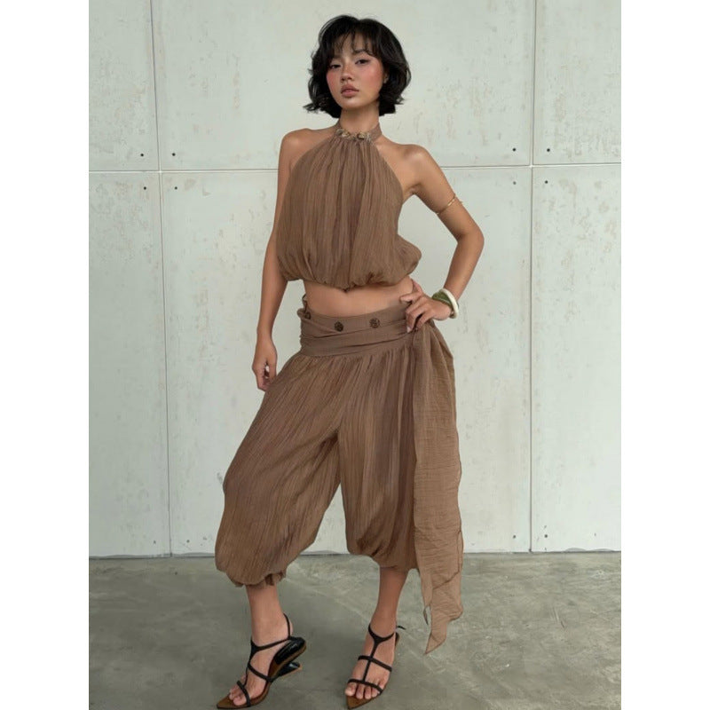 European and american style women's summer  new arrival: edgy sleeveless halter neck backless top and casual lantern pants set