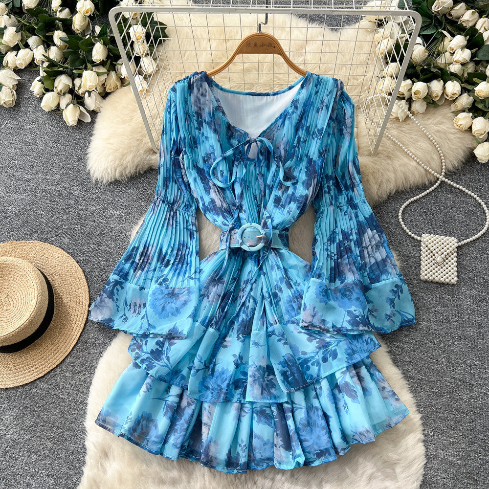 Frenchromantic style v neck strap waist floral dress female summerk-styleslimming lookruffleselegant a-line skirt