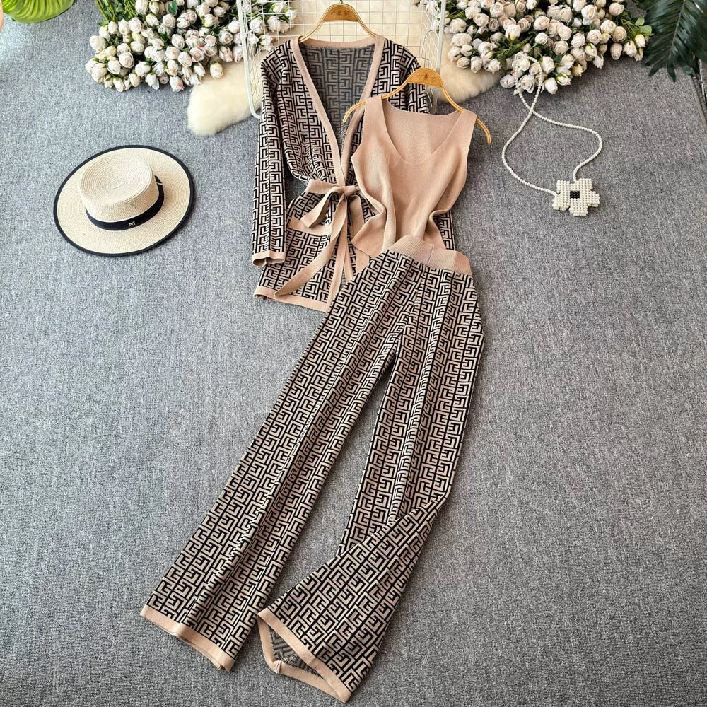 European and american chic casual set: women's shawl cardigan + v-neck knit top + wide-leg pants three-piece outfit