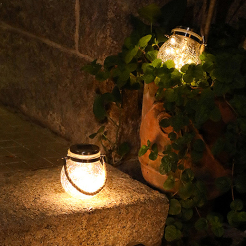 Solar powered outdoor waterproof crackle jar lights - hanging lanterns for balconies, gardens, yards, trees, and walkways