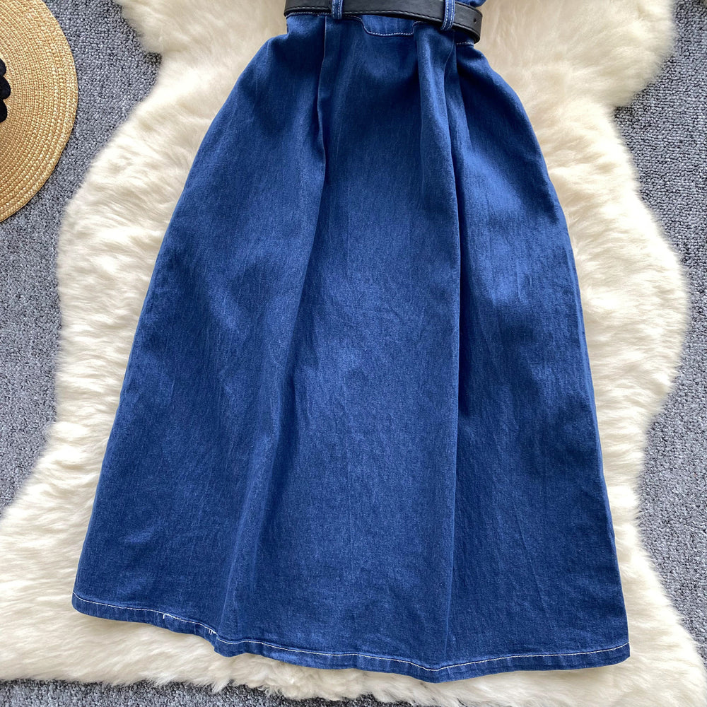 Women's summer commute fashion retro polo collar short sleeve metal single-breasted belted waist slimming denim dress