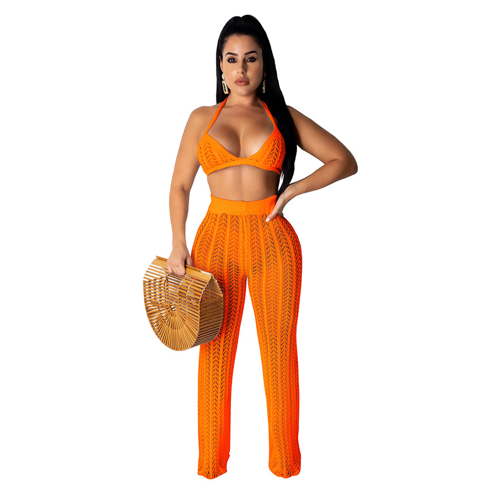 summer new european and american sexy women's fashion knitted mesh hollow-out see-through two-piece set - hot cross-border seller