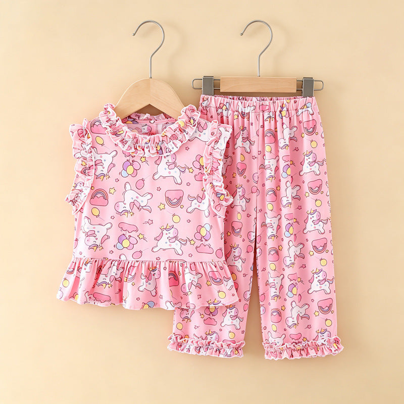 Girls' rayon outerwear set - cartoon print, loungewear, loose fit, breathable, cute summer lightweight lace pajamas