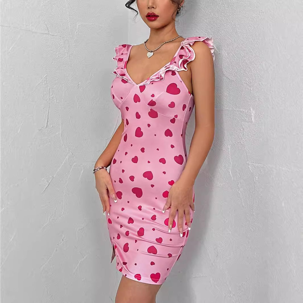 In stock - 53295#  cross-border fashion women's printed elegant sexy ruffle sleeveless dress