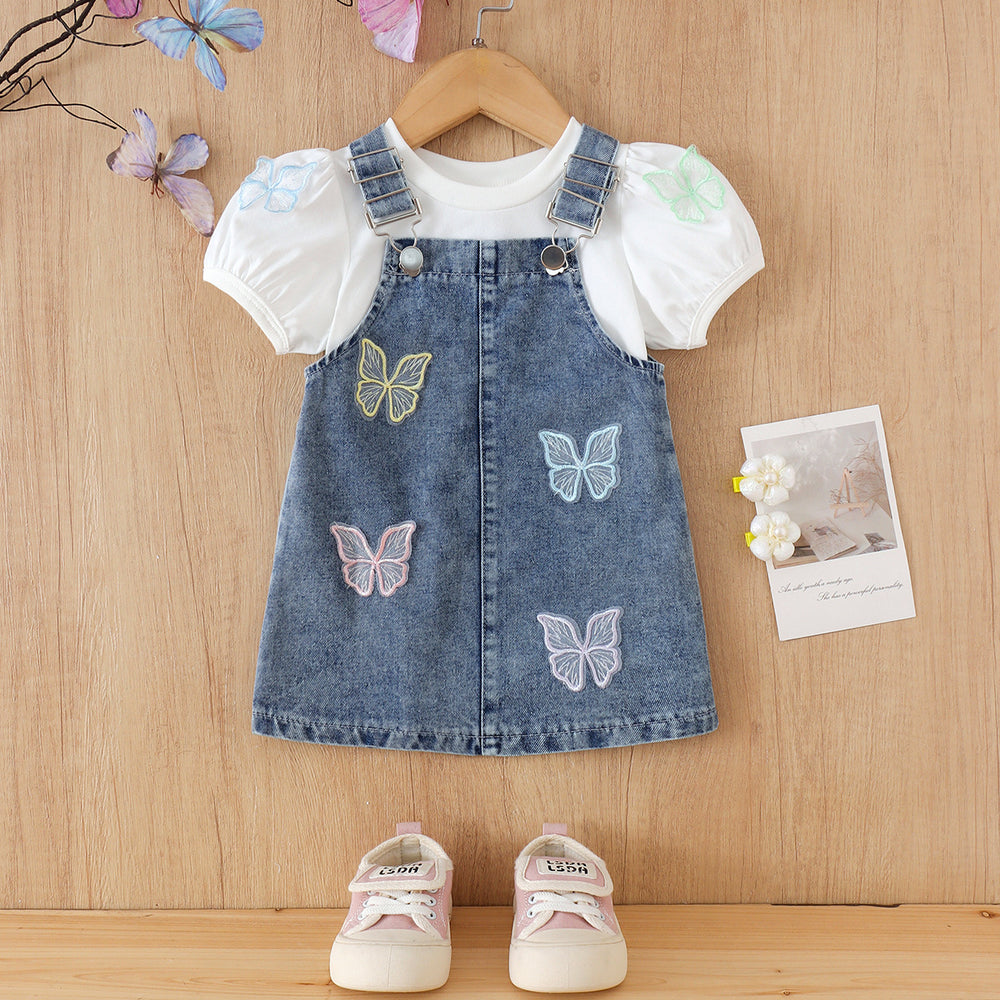 Children's clothing cross-border european and american girls white short-sleeved t-shirt + blue suspender skirt two-piece set