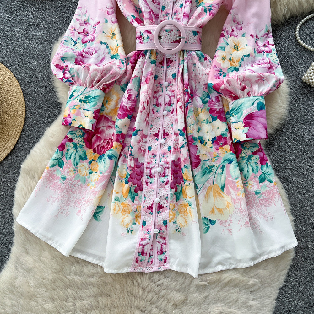 Elegant stand collar lantern sleeve printed dress - women's autumn youthful slimming a-line dress with belt