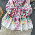 Elegant stand collar lantern sleeve printed dress - women's autumn youthful slimming a-line dress with belt