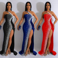 C6365 cross-border   fashion women's solid color rhinestone sequin sleeveless maxi dress