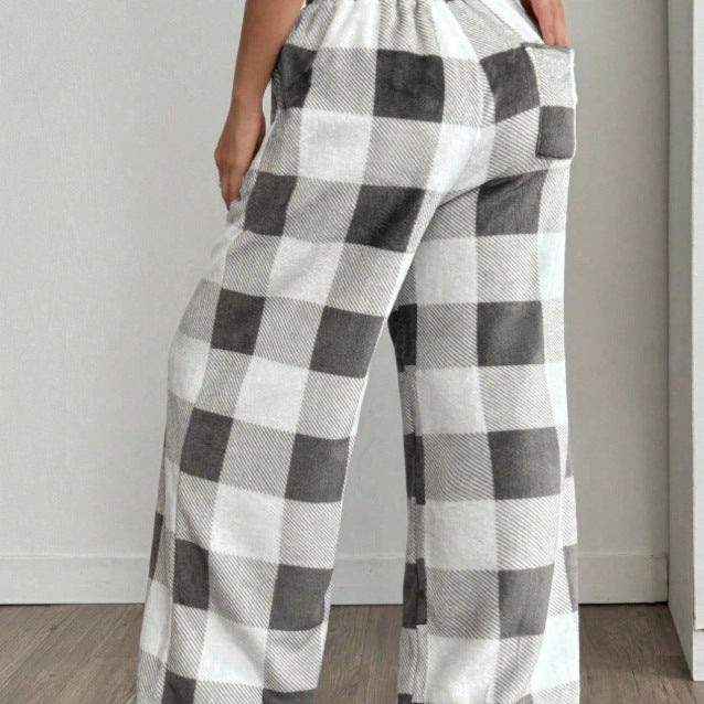Amazon  cross-border american style wide-leg pants for women, new summer lightweight plaid print straight-leg casual pants