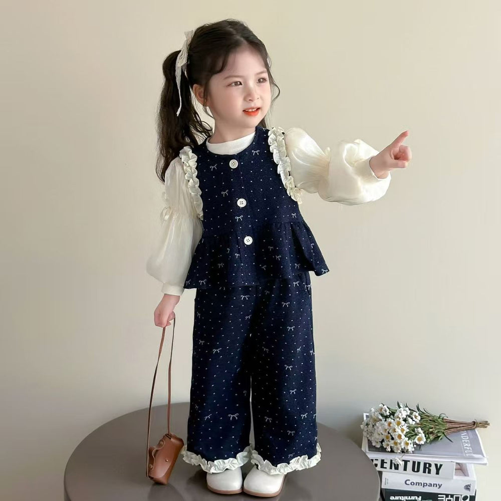 Girls' autumn outfit set  new style vest baby chic fashionable kids polka dot korean style three-piece early autumn set