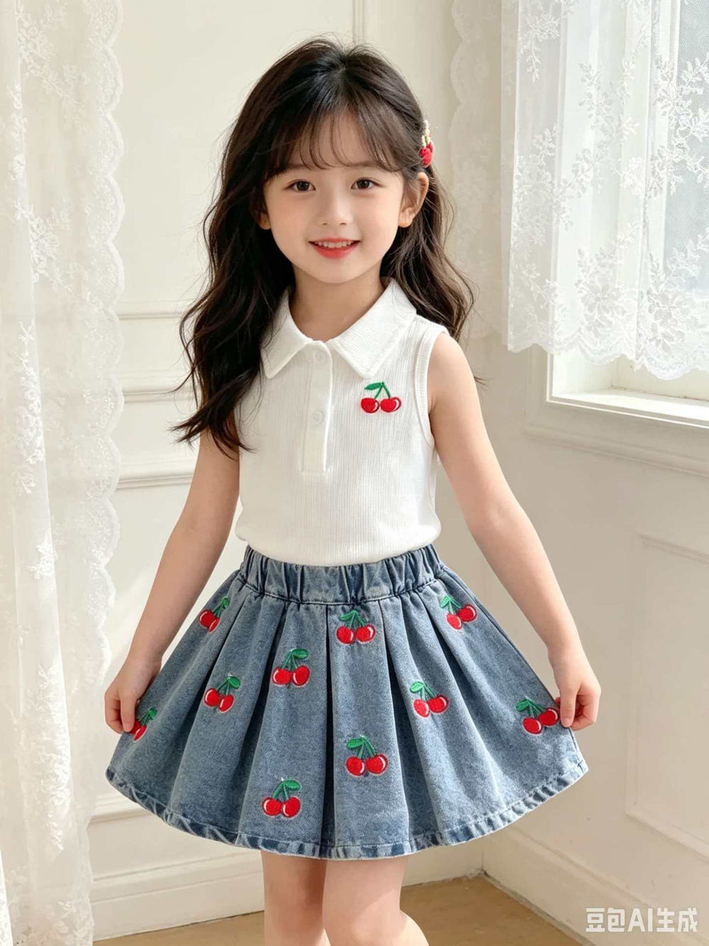 Kids clothing cross-border exclusive for european and american girls new arrival kids white vest + blue skirt