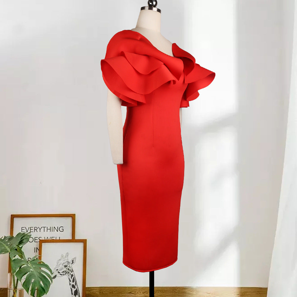 Sexy suspender ruffle edge elegant slim fit high waist hip wrap slim large size, women's dress dress