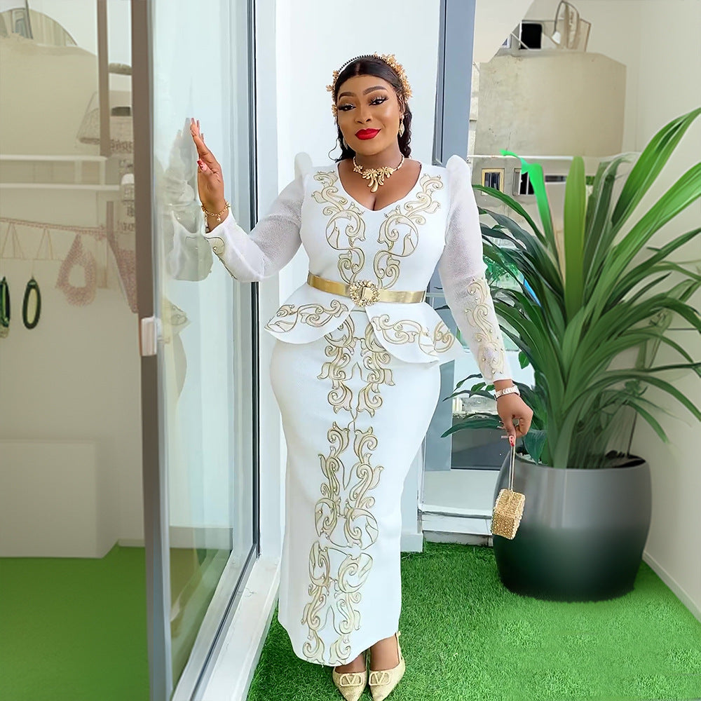 African cross-border supply  women's plus size  new luxury hotfix rhinestone beaded v-neck evening dress