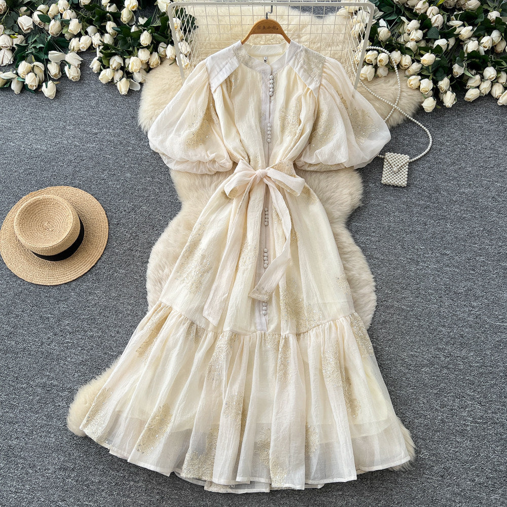 French romantic embroidered sequin puff sleeve dress - women's summer tie-waist slimming a-line elegant maxi dress