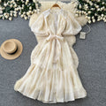French romantic embroidered sequin puff sleeve dress - women's summer tie-waist slimming a-line elegant maxi dress