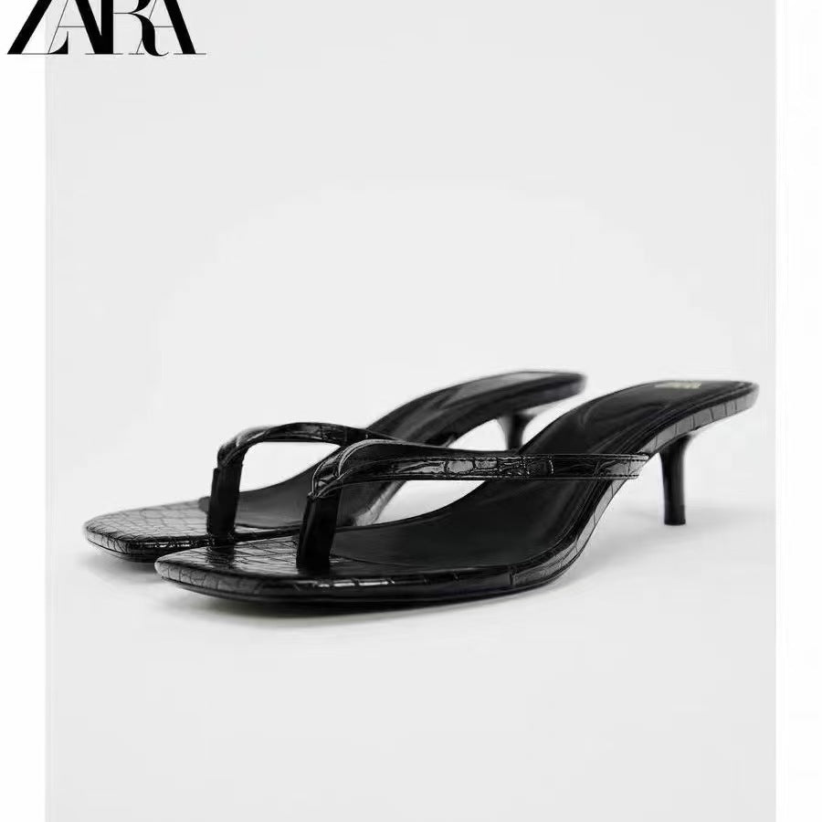Za summer new 2024 french square toe high heel women's shoes, thong sandals with open toe and slingback, fashion sandals for women