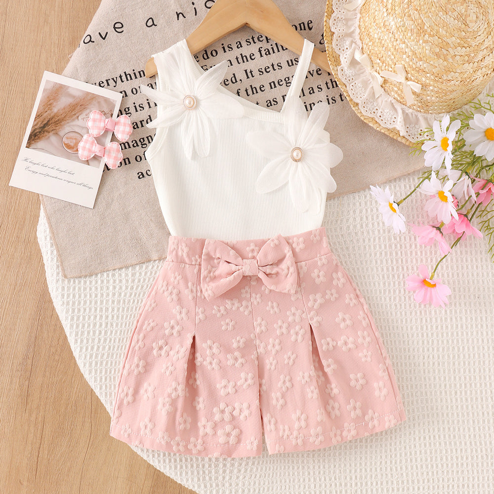 Baby clothing kids setwhite vest + pink shorts two-piece set children's clothing suit cross-border