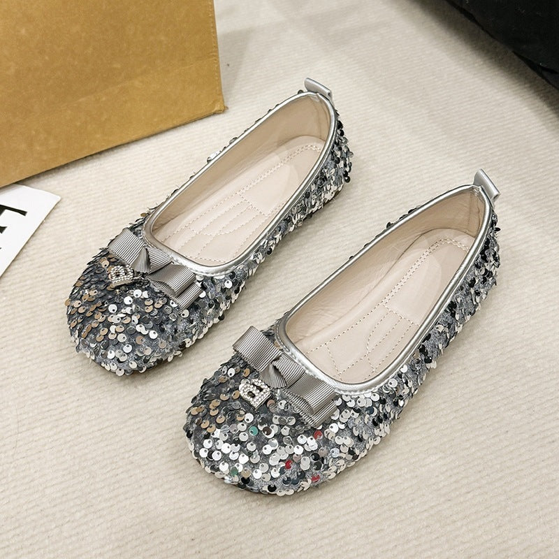 Sequin flats women's  summer new arrivalfrench evening light mouth fashioncasualbowsflats bean shoes