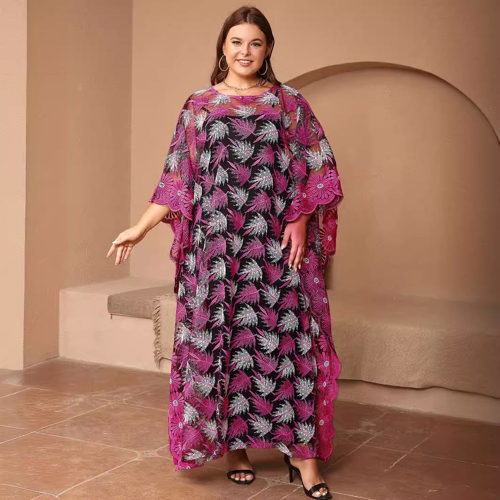 Plus size ethnic style lace embroidered batwing maxi dress african women's two-piece set - high quality