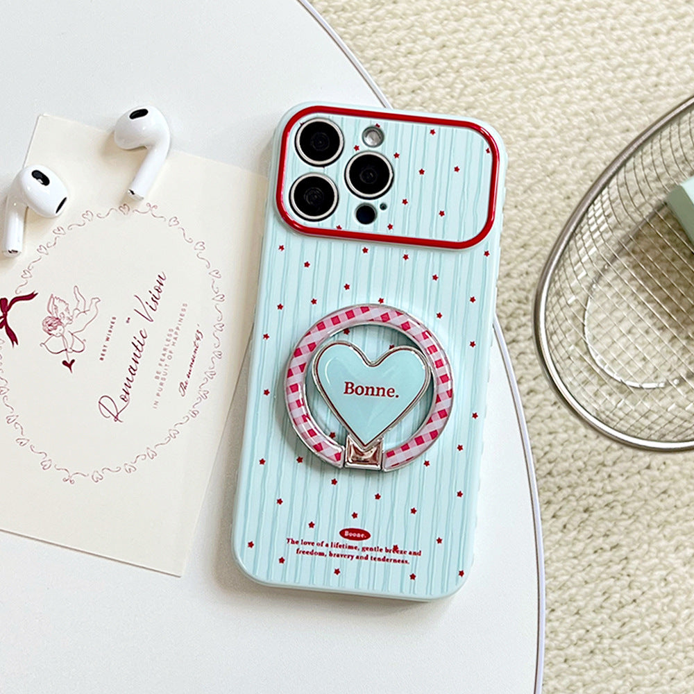 Color block vertical stripe little red star heart stand compatible with apple 17 pro max phone case sweet girl full coverage 16 protective cover