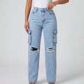 European and american style women's high-waisted distressed denim cargo pants - vintage washed straight leg jeans, american trendy women's denim trousers