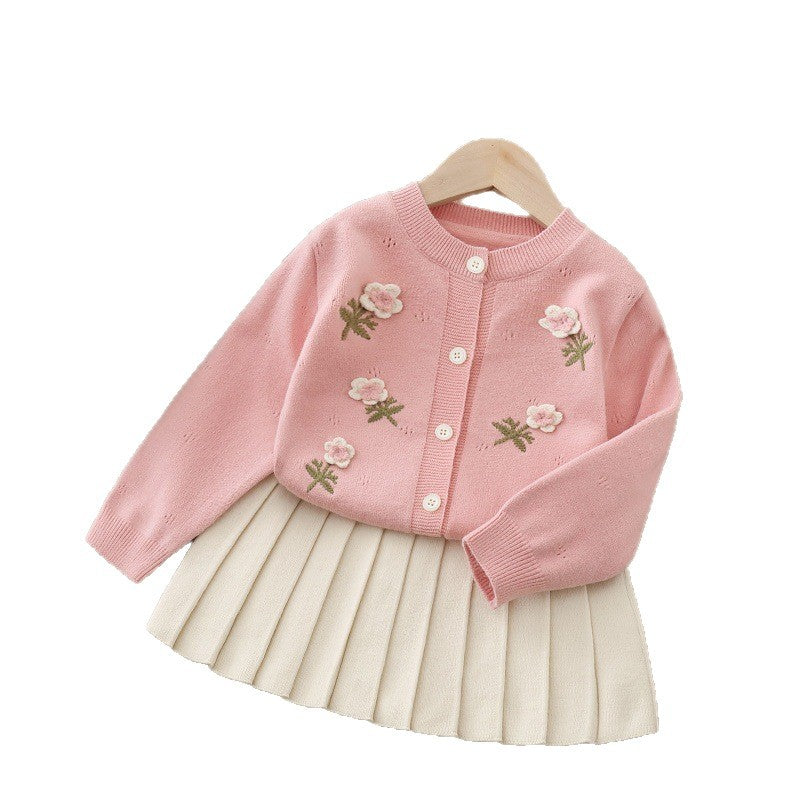 Girls' cardigan set - new autumn  collection: handmade floral knit sweater dress set for girls, kids' sweater outfit