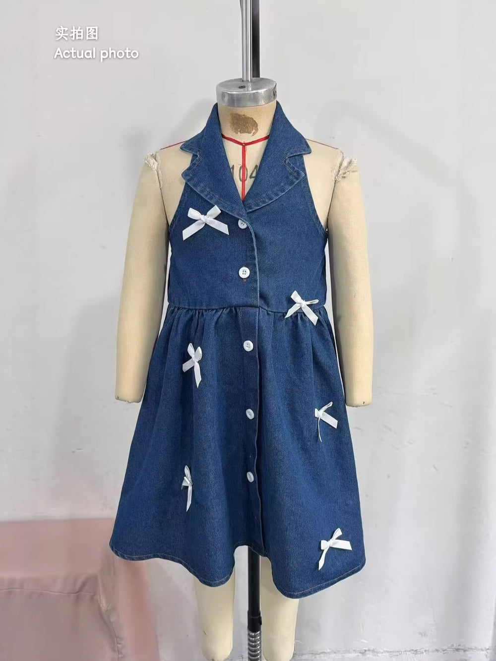 new cross-border european and american style girls' halter denim collar dress with denim bow detail