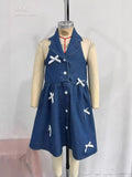 new cross-border european and american style girls' halter denim collar dress with denim bow detail