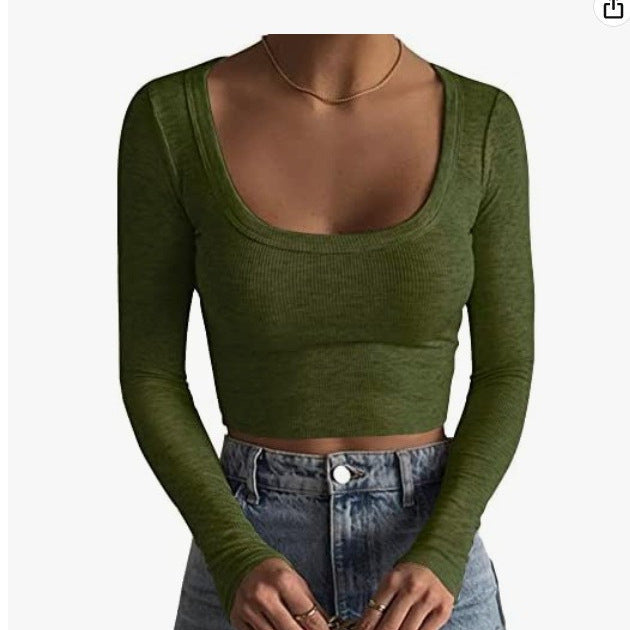 2024 new product  Europe and America, large round neck long sleeve threaded pure cotton ultra-short slim and thin T-shirt with exposed navel base.