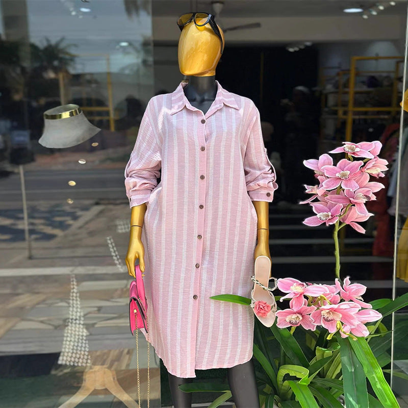 European and american cross-border women's clothing  summer new arrival: elegant and stylish striped longline shirt with tie-waist wide-leg pants set
