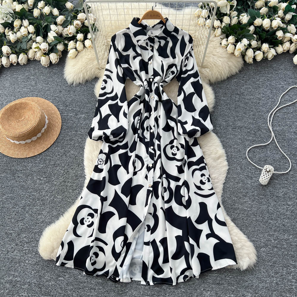 Korean style fashionable printed dress - new women's long sleeve tie-waist slimming a-line versatile elegant maxi dress for work