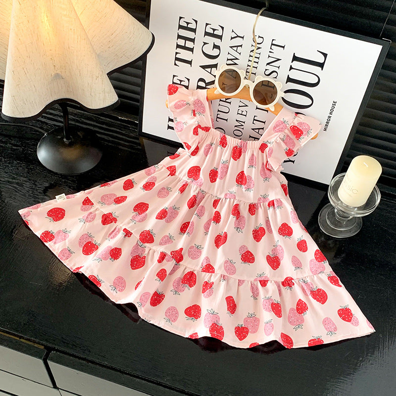 [family wear] children's cotton silk suspender dress sleeveless cake skirt summer thin flying sleeve western style floral skirt