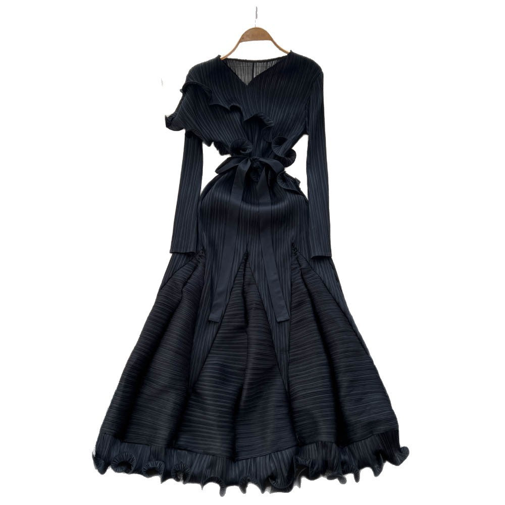 European and american niche fashion socialite tie-waist ruffle pleated dress - women's high-end slimming elegant maxi dress