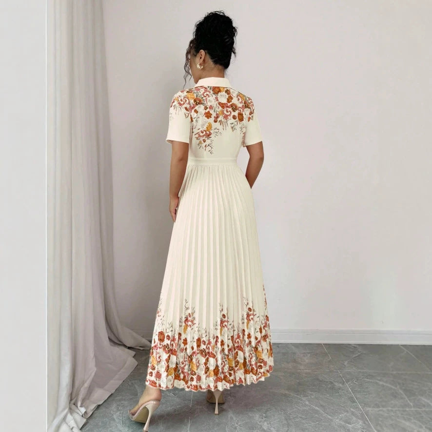 european and american new retro orange blossom patchwork shirt dress with turn-down collar, short sleeves, cinched waist, and long pleated skirt