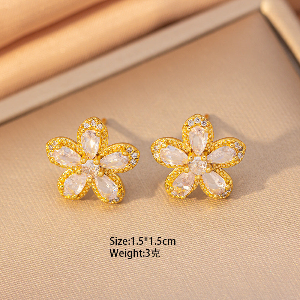[set] cross-border popular copper-inlaid zirconium flower necklace, women's earrings, light luxury elegant stainless steel sweater chain jewelry