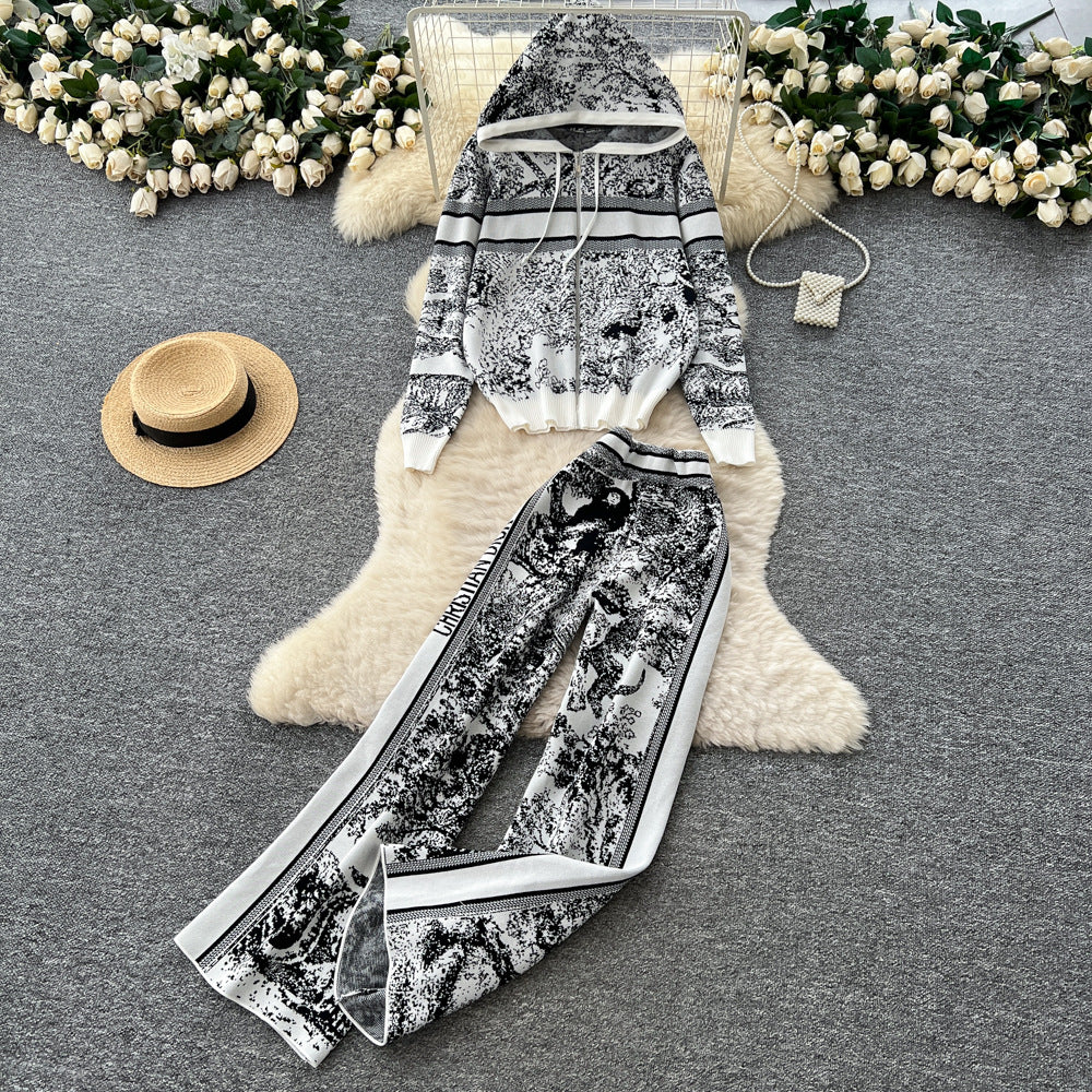 European and american fashion suit women's autumn and winter classy loosecasual hooded printingknittingoutwearhigh waistloose pants