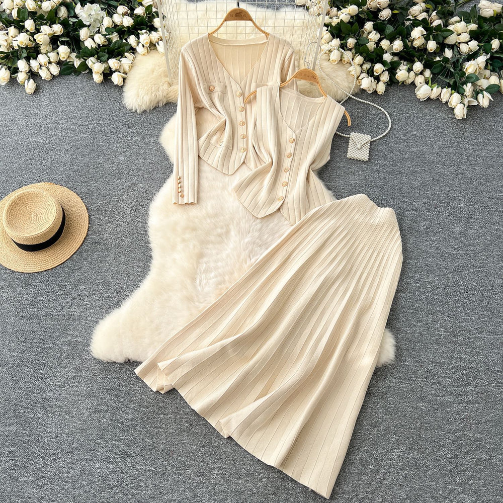 Xiaoxiangfeng wear women's three-piece set easiest for match sleeveless vest metal buckle silmlong sleevesknittingcardigan skirt