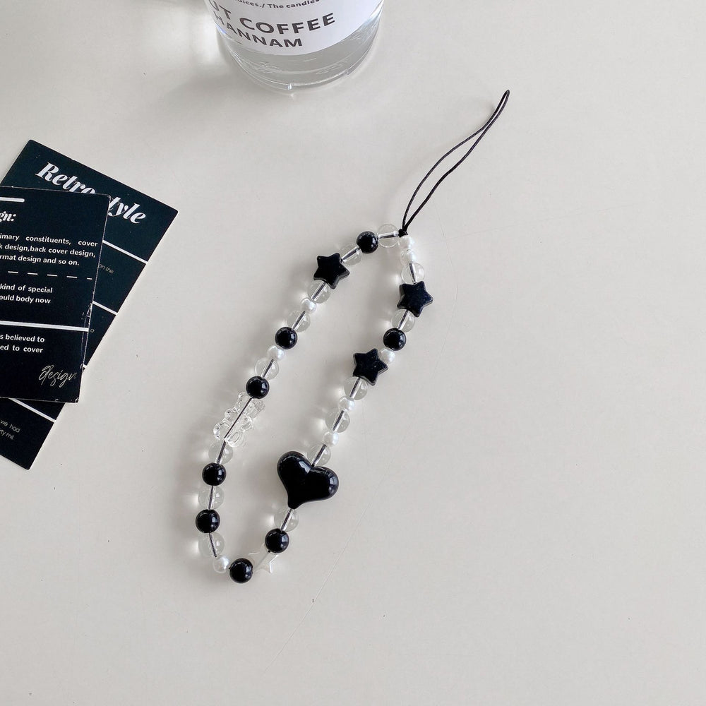 Minimalist crystal square electroplated heart bracelet with transparent star and bear charms, black and white bead phone case charm accessories