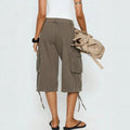 European and american style workwear denim cropped pants - khaki brown, multi-pocket, drawstring, wide leg, vintage washed cropped work pants