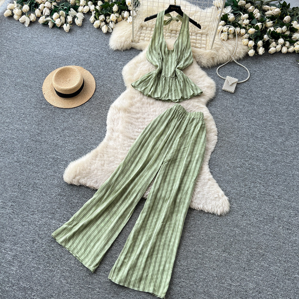 Vacation style halter strap vest high waistloose pantstwo-piece set women's summer silm style atmosphere fashionsuit