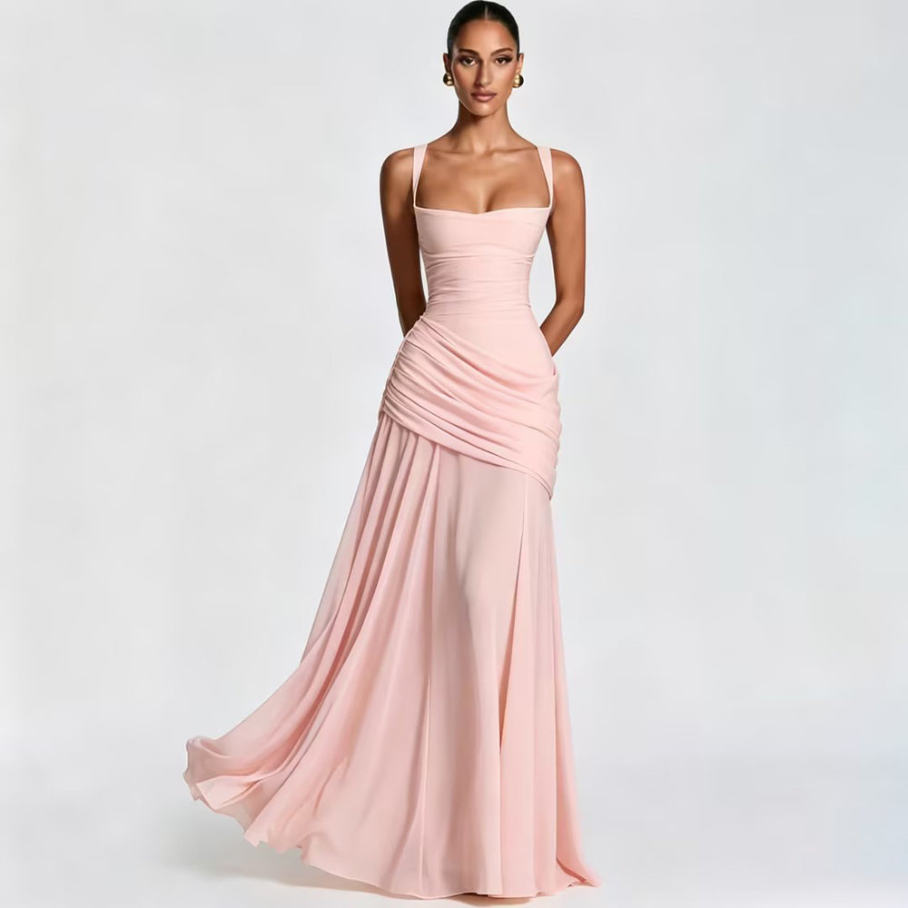 European and american style women's spring  new arrival: elegant solid color low-cut ruched camisole dress with cinched waist and open back - wholesale