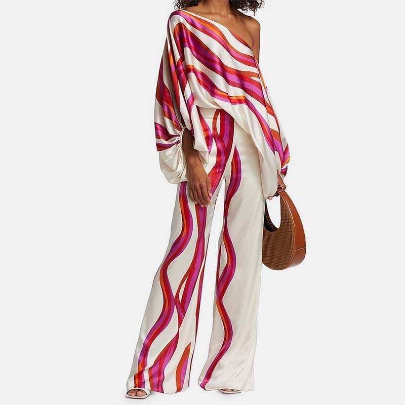 european and american women's fashion printed off-the-shoulder loose batwing sleeve cinched-waist wide-leg pants two-piece set, customizable