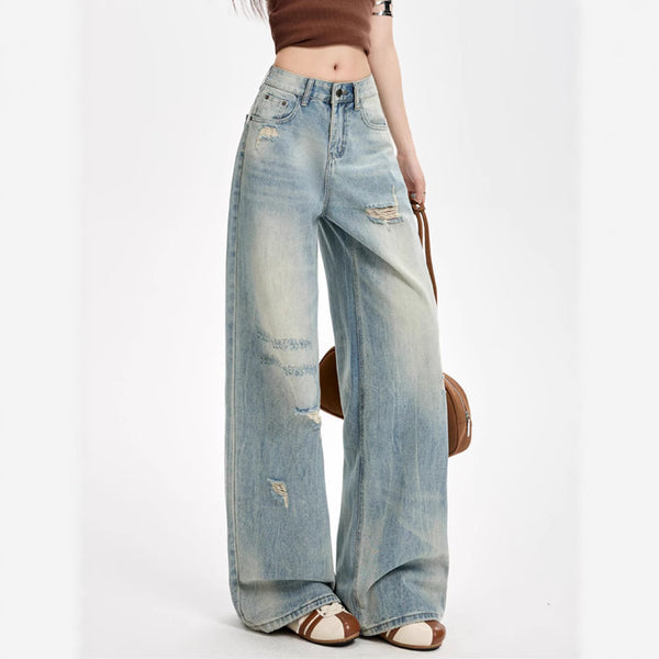 Foreign trade American street trendy brand high waist wide leg jeans women's summer wear and tear design sense loose straight drape