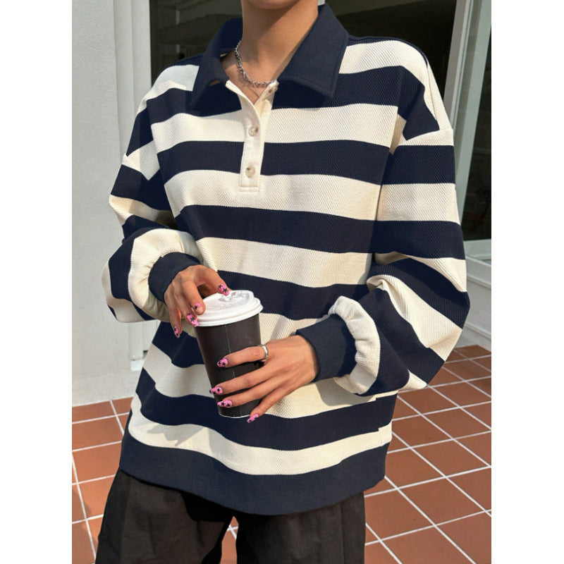 Long sleevest-shirt women's sweatshirtpolo collarautumtrendy brand lapeltrendy youth easiest for matchhandsomestripes