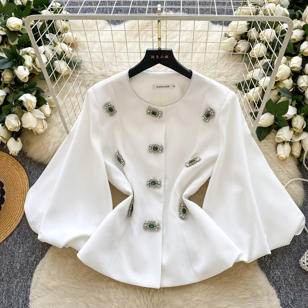 Xiaoxiangfeng celebrityclassy heavy industry diamond round neck lantern sleeve waist outwear women's autumfrencheasiest for matchtops